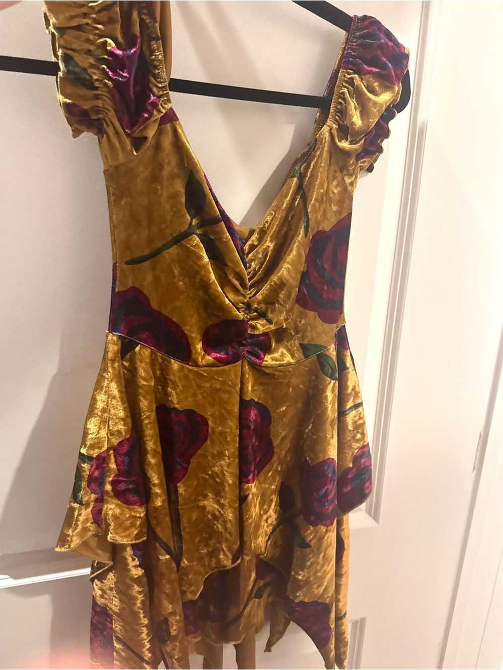 Dollskill Gold Velvet Floral V-Neck Ruffle Dress